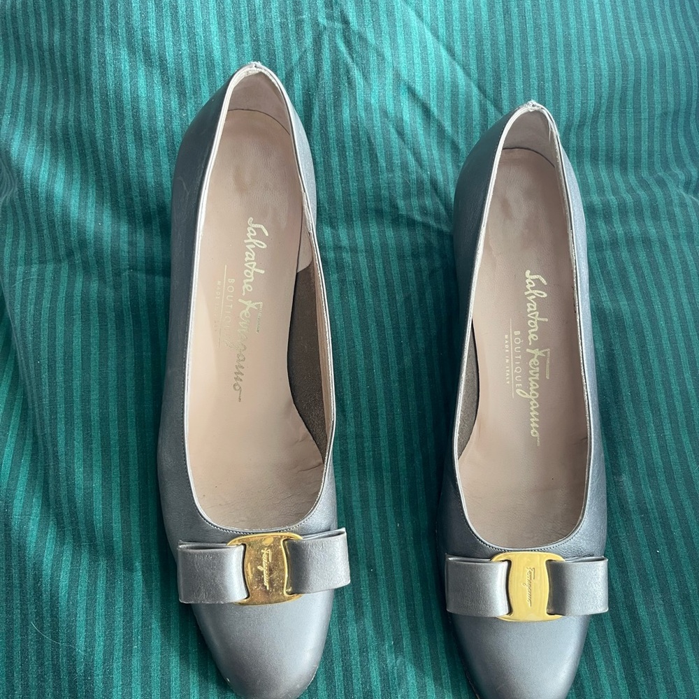 Salvatore Ferragamo Gray Flats with Gold Accent